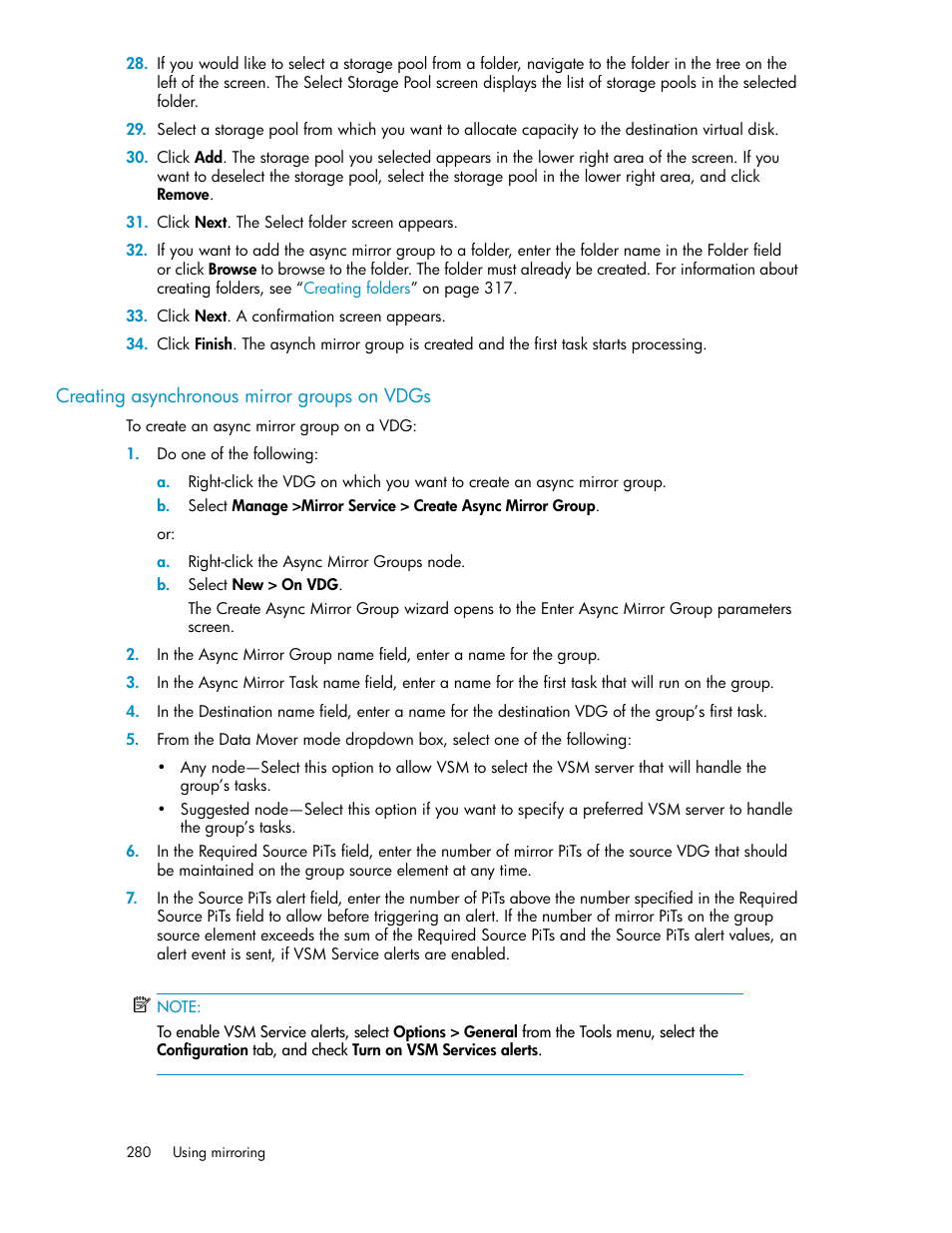 Creating asynchronous mirror groups on vdgs | HP SAN Virtualization Services Platform User Manual | Page 280 / 400