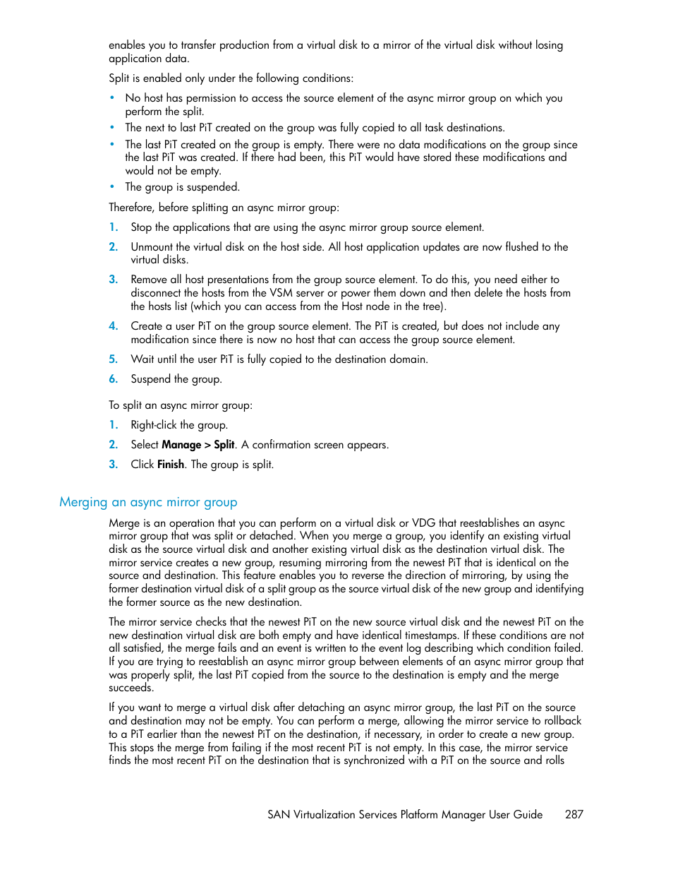 Merging an async mirror group, Merging an async mirror, Group | Merging an, Async mirror group | HP SAN Virtualization Services Platform User Manual | Page 287 / 400
