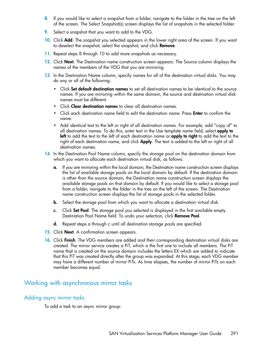 Working with asynchronous mirror tasks, Adding async mirror tasks | HP SAN Virtualization Services Platform User Manual | Page 291 / 400