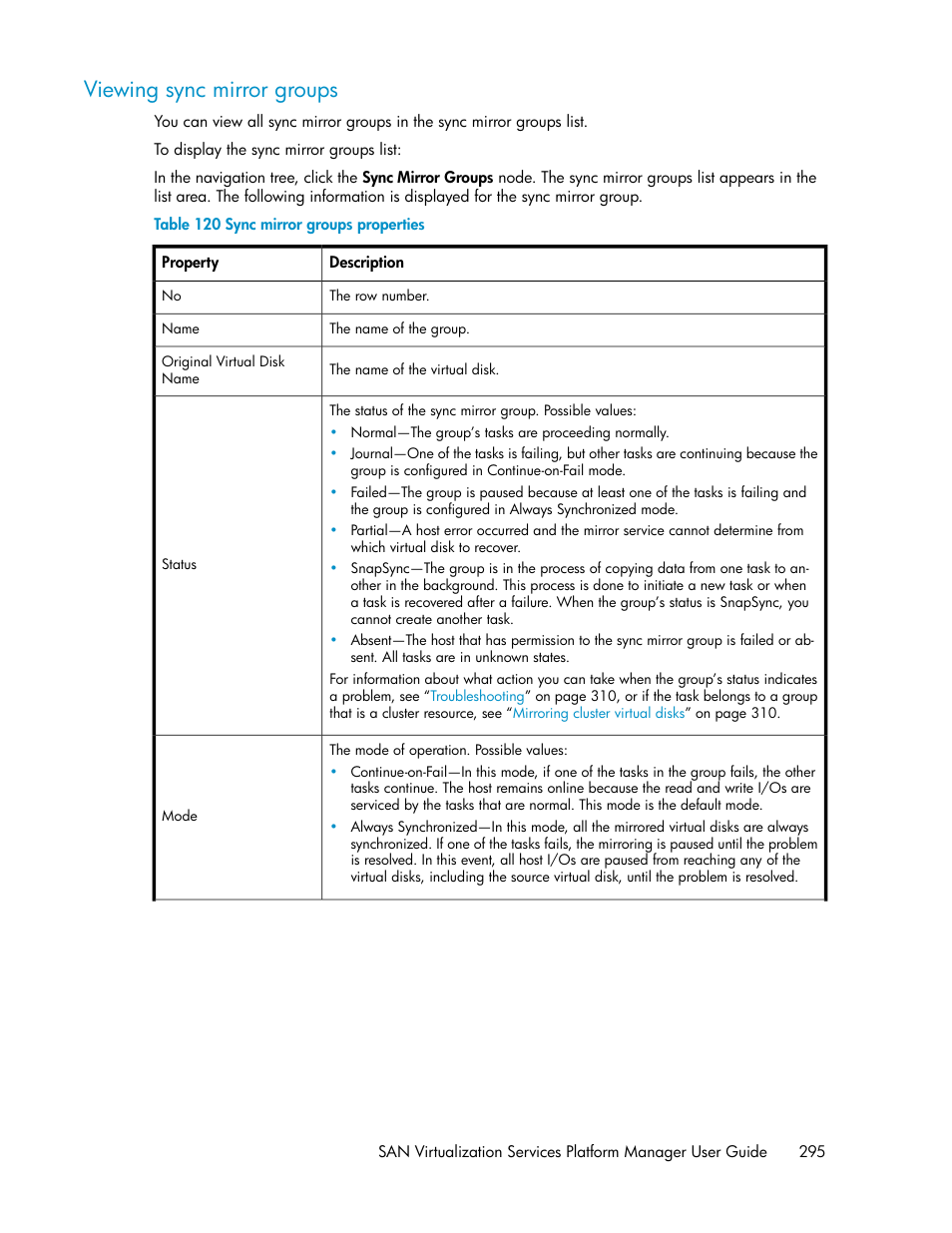 Viewing sync mirror groups, Sync mirror groups properties | HP SAN Virtualization Services Platform User Manual | Page 295 / 400