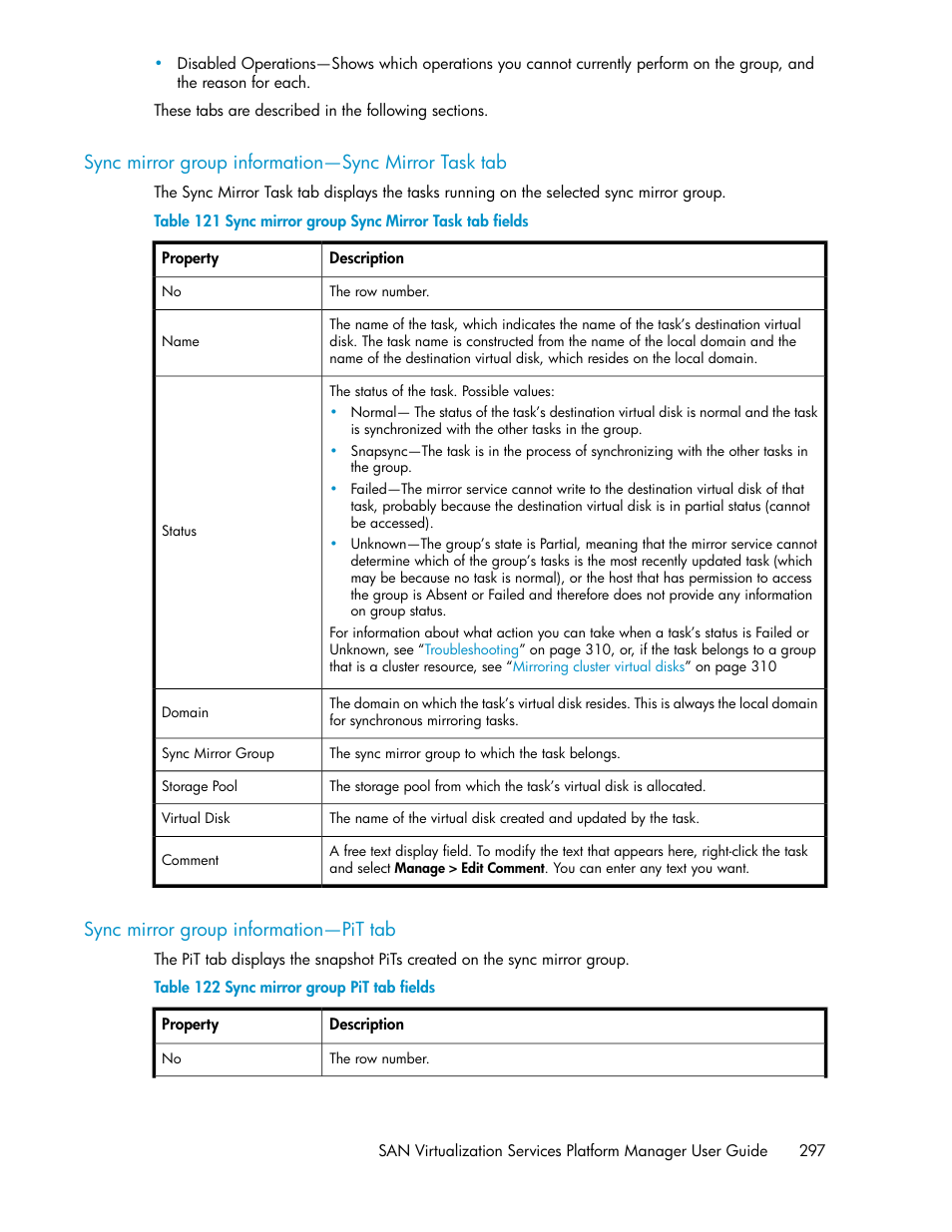 Sync mirror group information—sync mirror task tab, Sync mirror group information—pit tab, 297 sync mirror group information—pit tab | Sync mirror group sync mirror task tab fields, Sync mirror group pit tab fields | HP SAN Virtualization Services Platform User Manual | Page 297 / 400