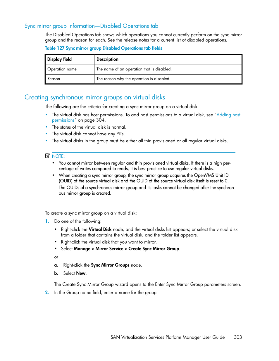 Sync mirror group disabled operations tab fields | HP SAN Virtualization Services Platform User Manual | Page 303 / 400