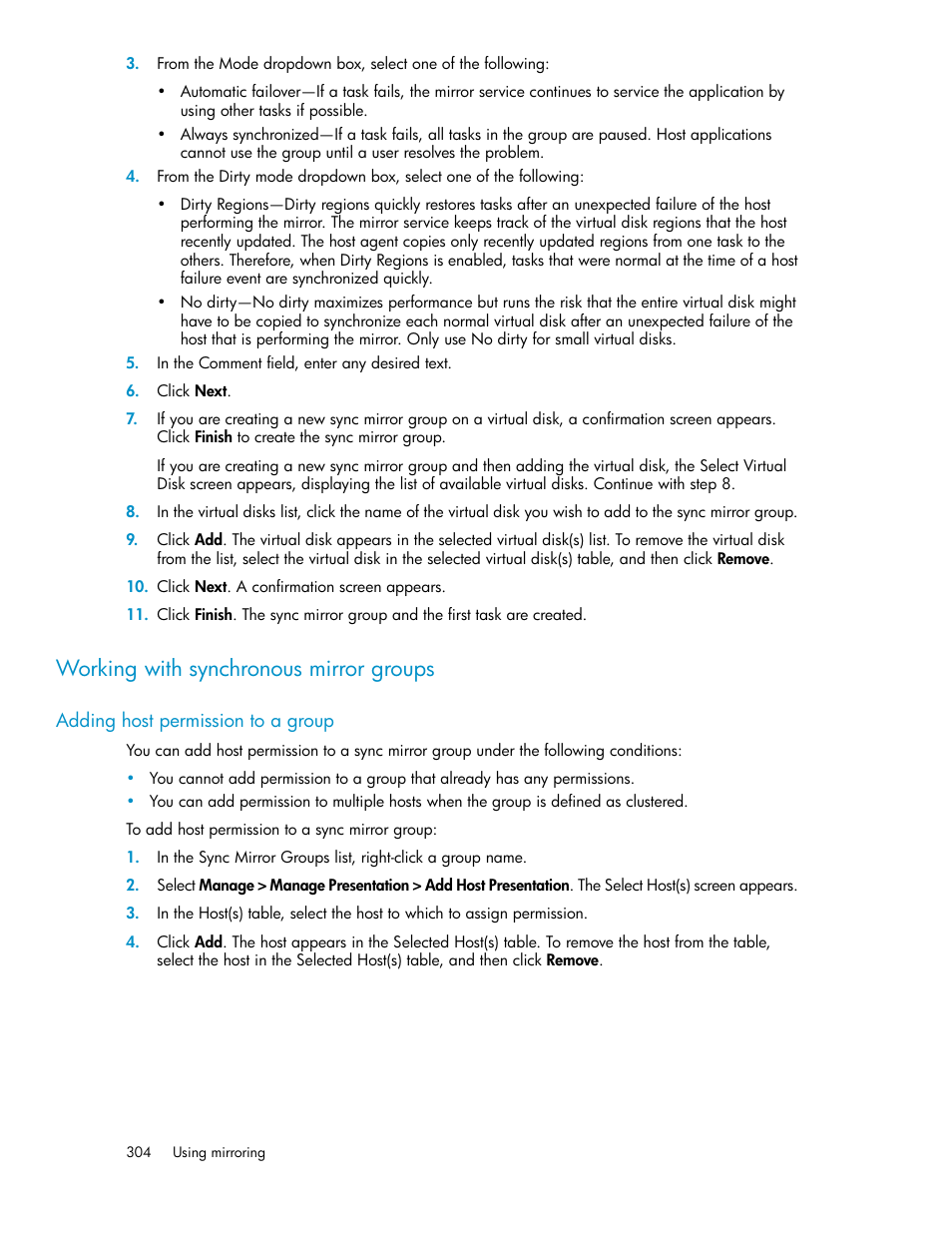 Working with synchronous mirror groups, Adding host permission to a group, Adding host | Permissions | HP SAN Virtualization Services Platform User Manual | Page 304 / 400