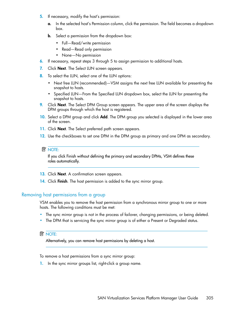 Removing host permissions from a group | HP SAN Virtualization Services Platform User Manual | Page 305 / 400