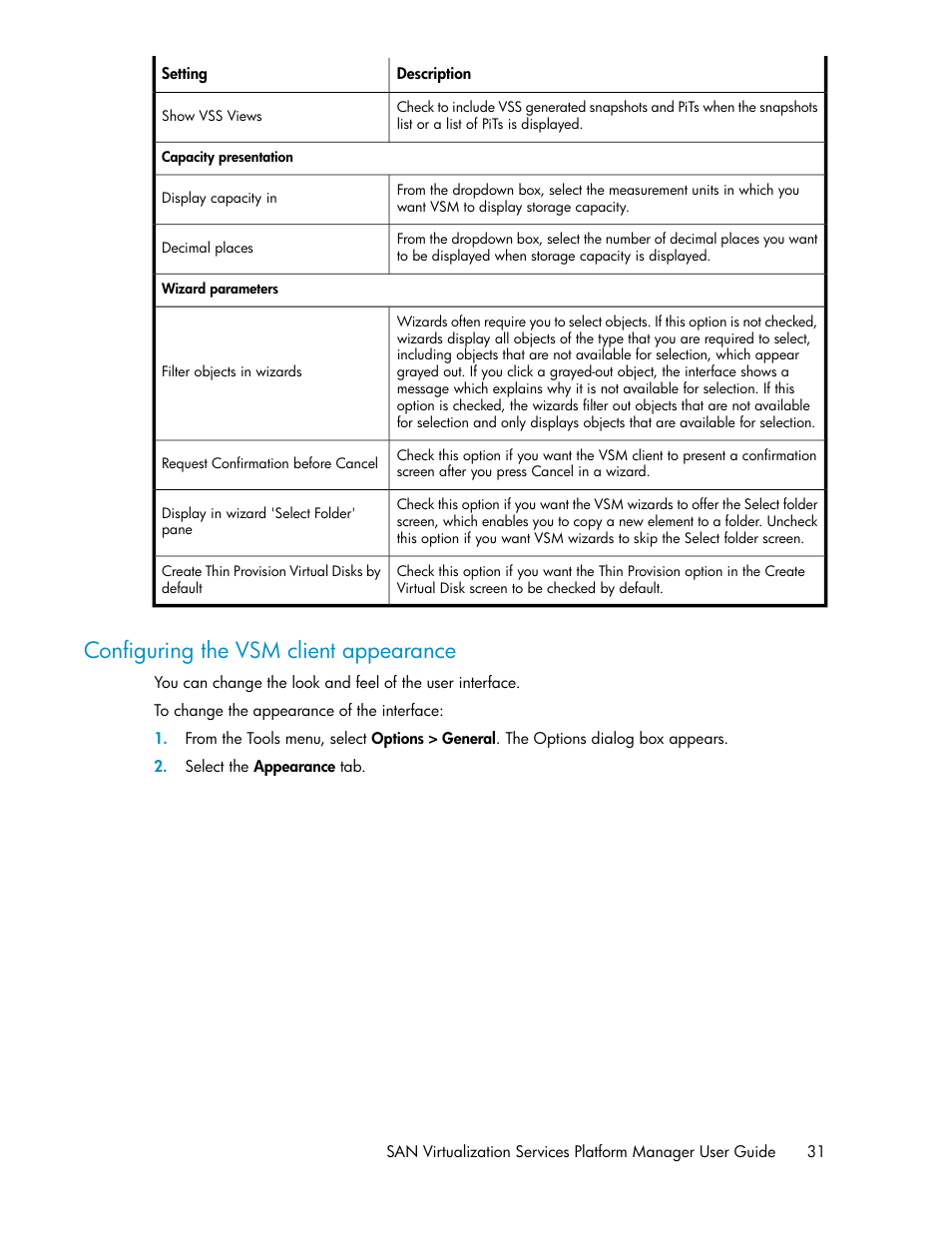 Configuring the vsm client appearance | HP SAN Virtualization Services Platform User Manual | Page 31 / 400