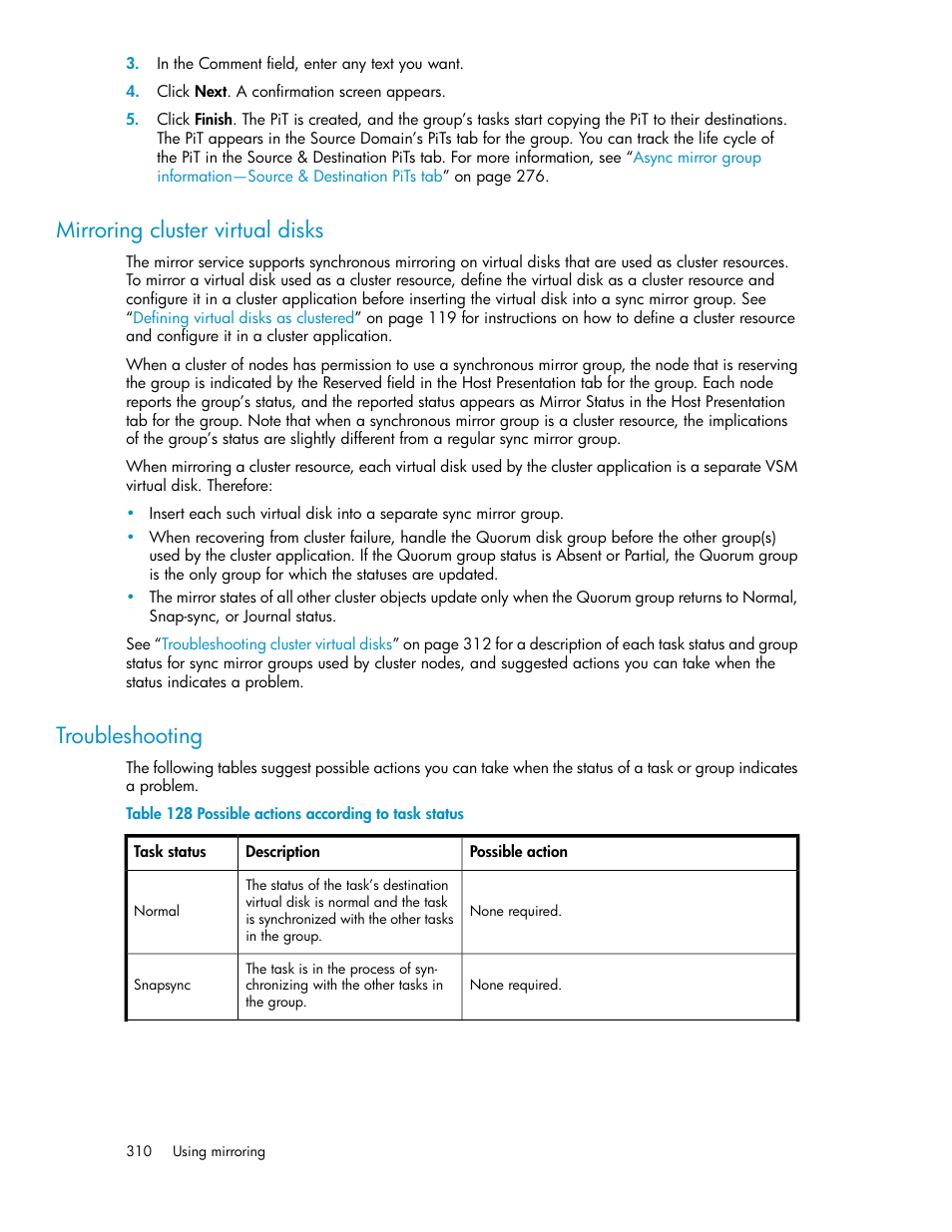 Mirroring cluster virtual disks, Troubleshooting, 310 troubleshooting | Possible actions according to task status | HP SAN Virtualization Services Platform User Manual | Page 310 / 400