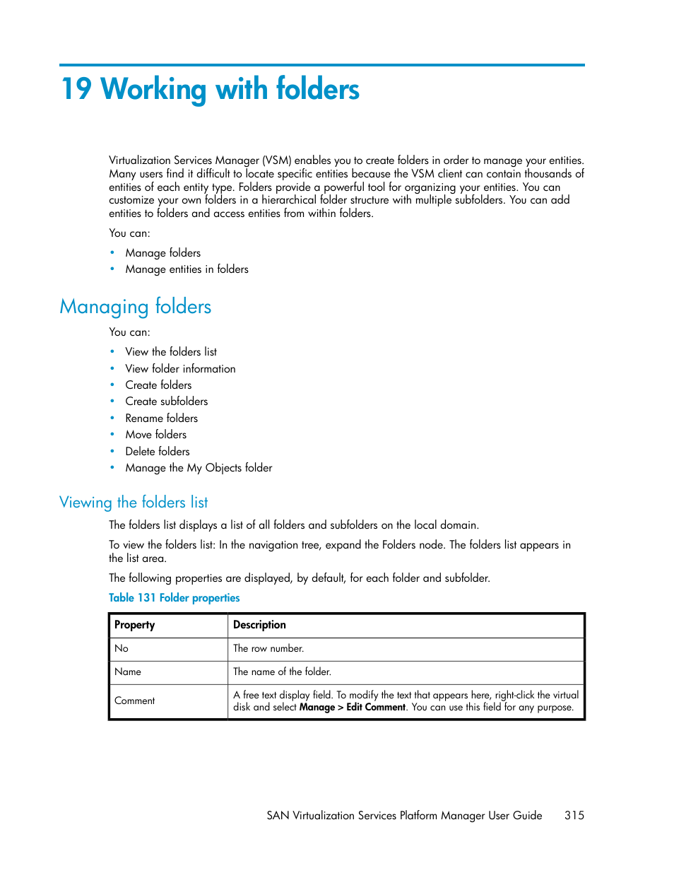 19 working with folders, Managing folders, Viewing the folders list | Folder properties | HP SAN Virtualization Services Platform User Manual | Page 315 / 400