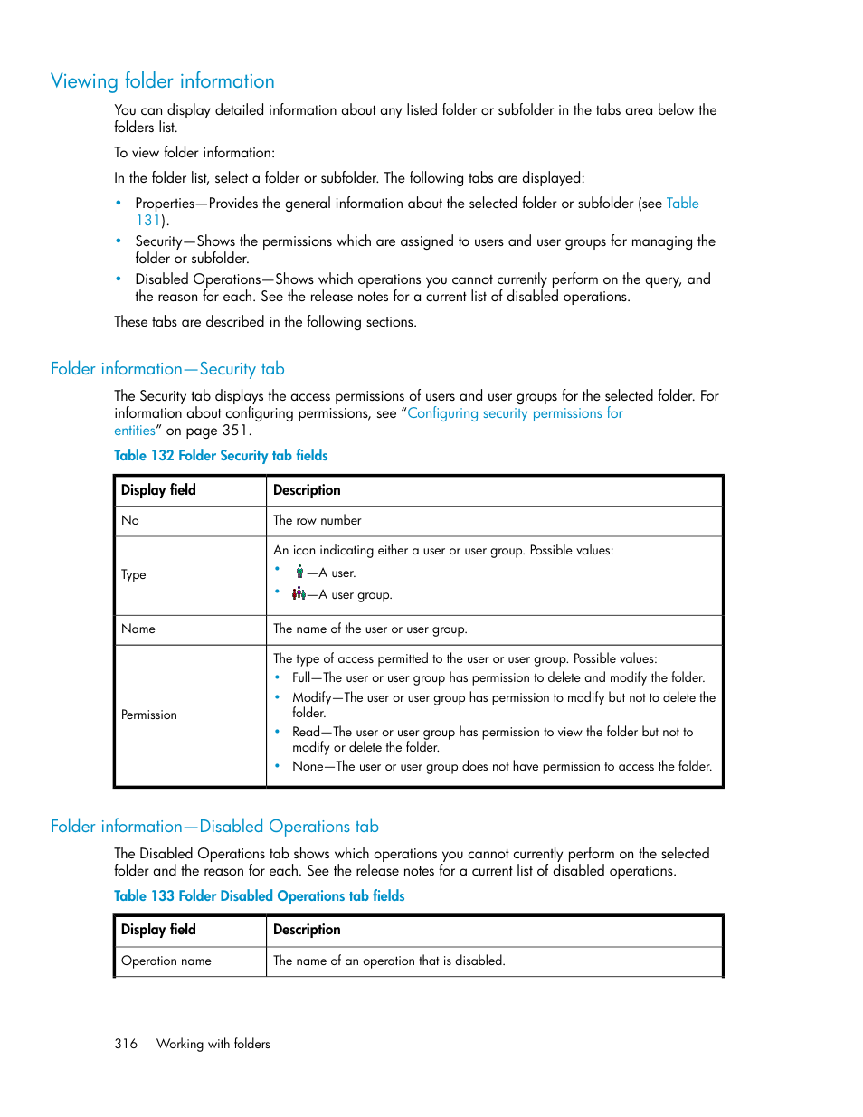 Viewing folder information, Folder information—security tab, Folder information—disabled operations tab | 316 folder information—disabled operations tab, Folder security tab fields, Folder disabled operations tab fields | HP SAN Virtualization Services Platform User Manual | Page 316 / 400