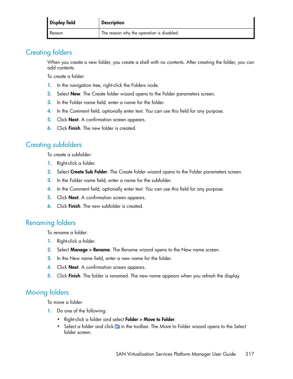 Creating folders, Creating subfolders, Renaming folders | Moving folders, 317 creating subfolders, 317 renaming folders, 317 moving folders | HP SAN Virtualization Services Platform User Manual | Page 317 / 400