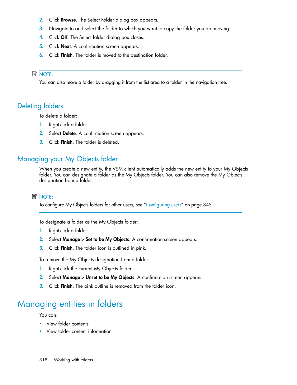 Deleting folders, Managing your my objects folder, Managing entities in folders | 318 managing your my objects folder | HP SAN Virtualization Services Platform User Manual | Page 318 / 400