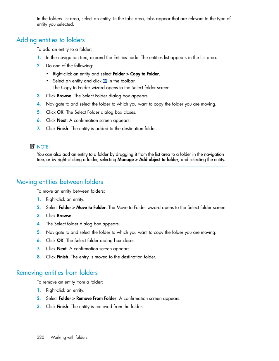 Adding entities to folders, Moving entities between folders, Removing entities from folders | 320 moving entities between folders, 320 removing entities from folders | HP SAN Virtualization Services Platform User Manual | Page 320 / 400