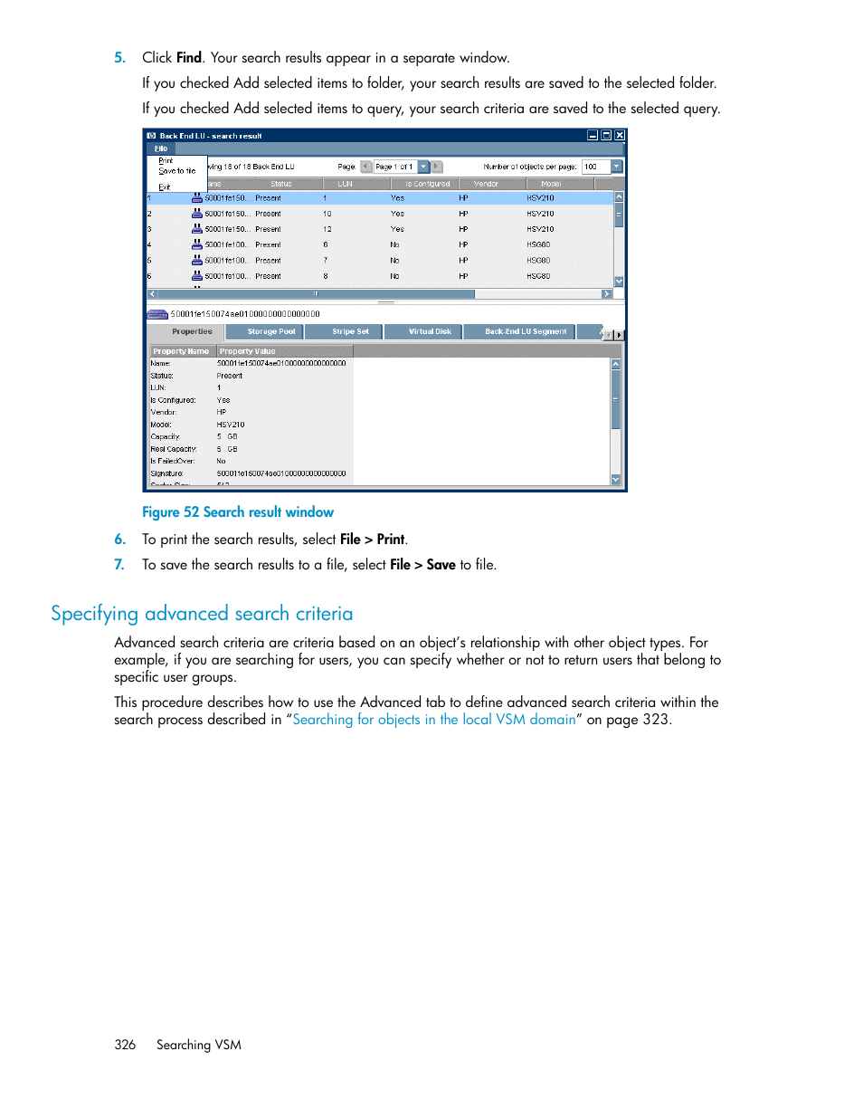 Specifying advanced search criteria, Search result window, Specifying | Advanced search criteria | HP SAN Virtualization Services Platform User Manual | Page 326 / 400