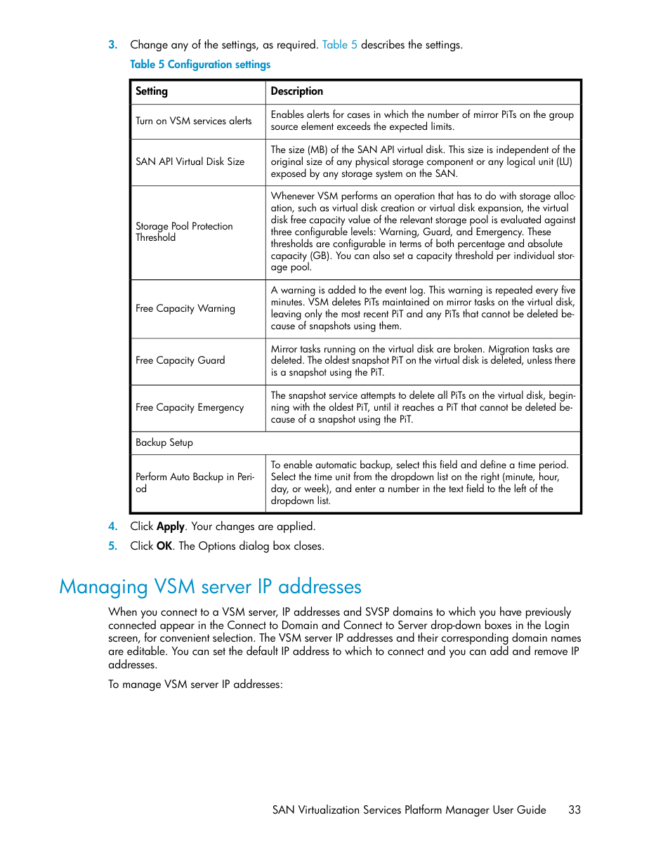 Managing vsm server ip addresses, Configuration settings | HP SAN Virtualization Services Platform User Manual | Page 33 / 400
