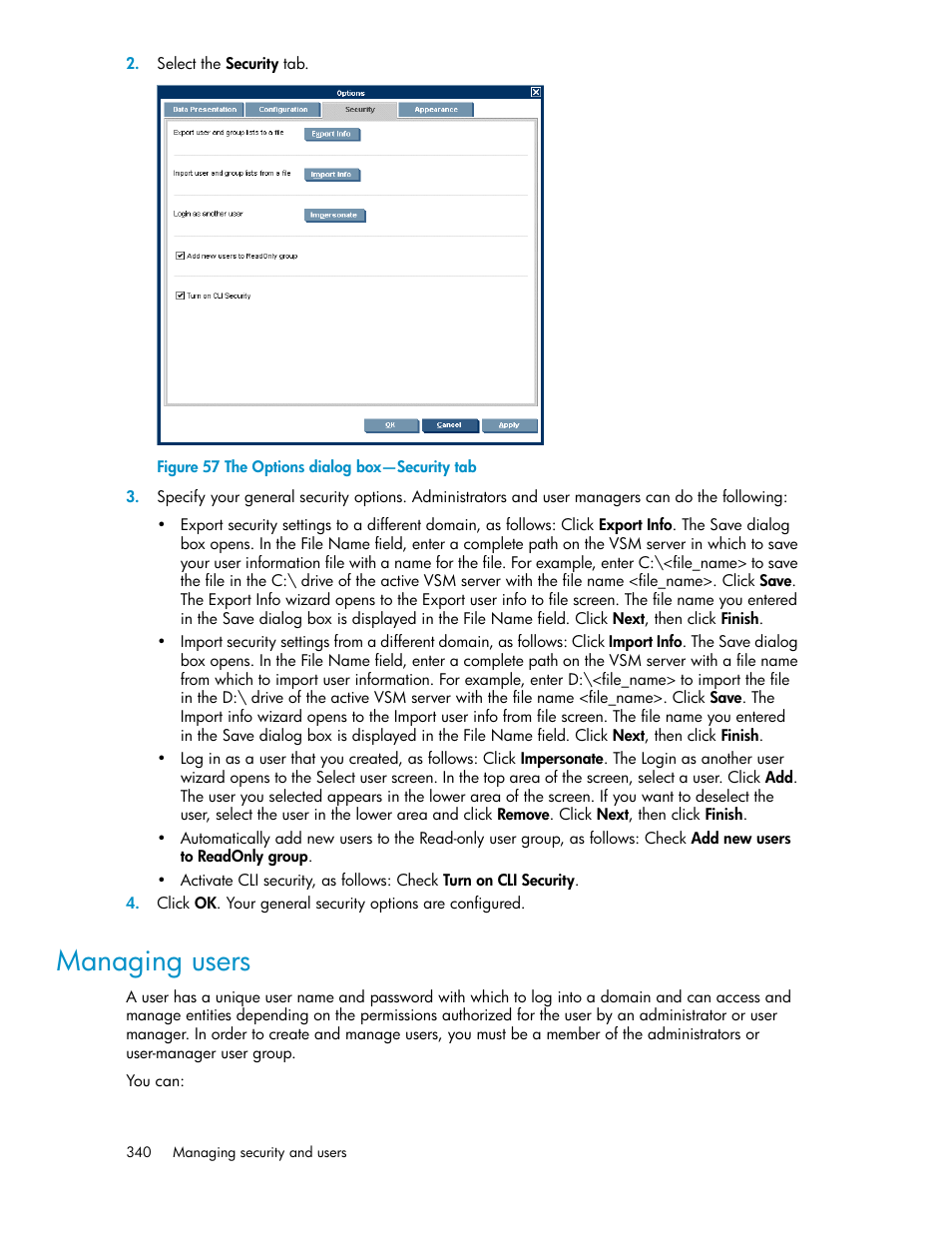 Managing users, The options dialog box—security tab | HP SAN Virtualization Services Platform User Manual | Page 340 / 400