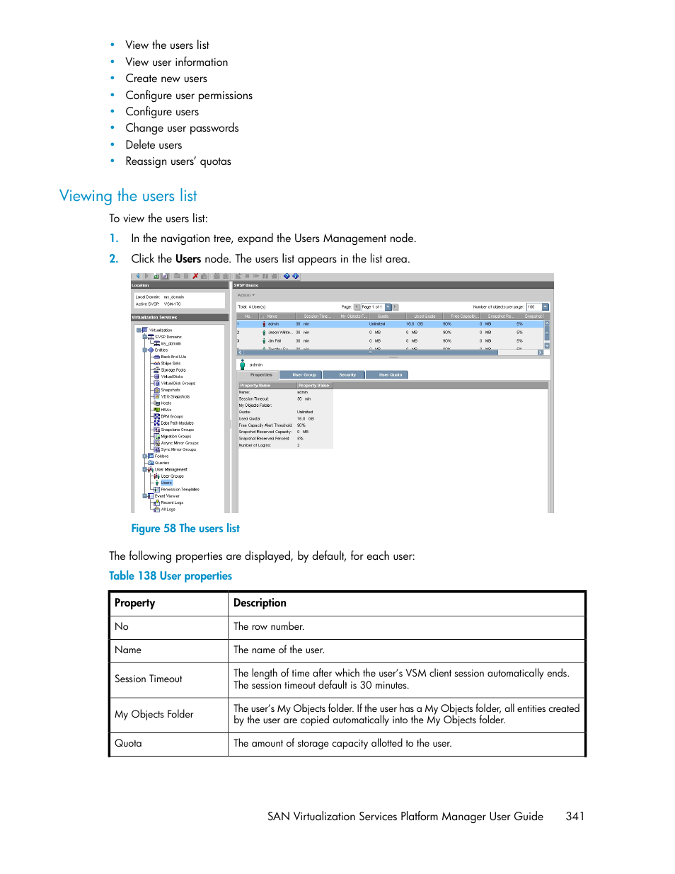 Viewing the users list, The users list, User properties | HP SAN Virtualization Services Platform User Manual | Page 341 / 400