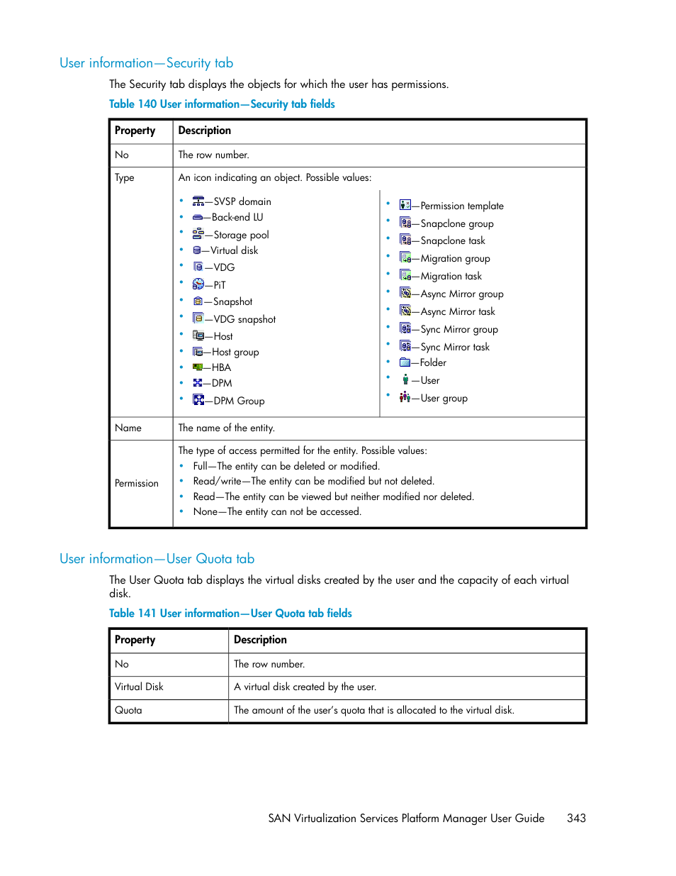 User information—security tab, User information—user quota tab, 343 user information—user quota tab | User information—security tab fields, User information—user quota tab fields | HP SAN Virtualization Services Platform User Manual | Page 343 / 400