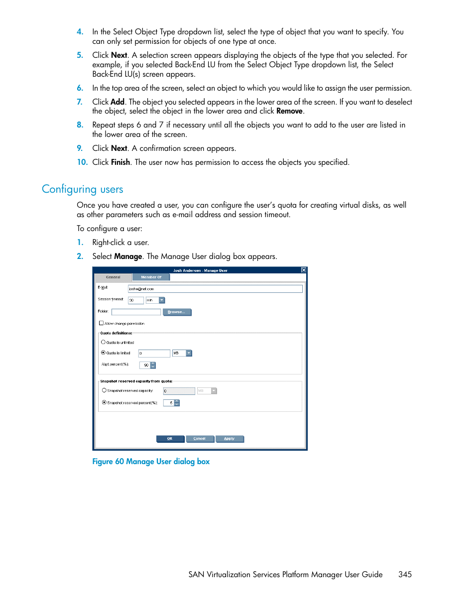 Configuring users, Manage user dialog box, Configuring | Users | HP SAN Virtualization Services Platform User Manual | Page 345 / 400