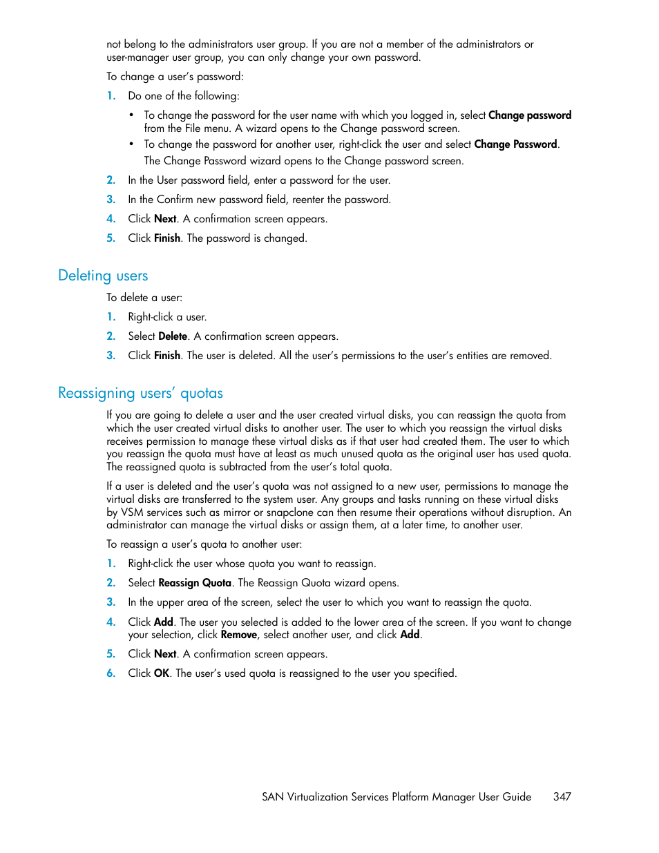 Deleting users, Reassigning users’ quotas, 347 reassigning users’ quotas | HP SAN Virtualization Services Platform User Manual | Page 347 / 400