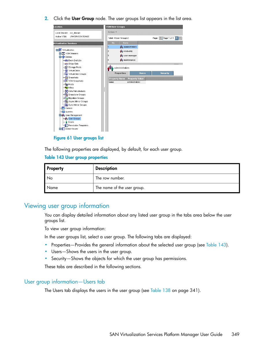 Viewing user group information, User group information—users tab, User groups list | User group properties | HP SAN Virtualization Services Platform User Manual | Page 349 / 400