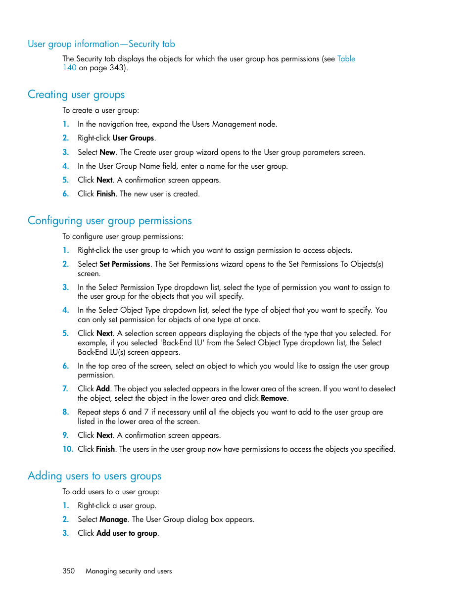 User group information—security tab, Creating user groups, Configuring user group permissions | Adding users to users groups, 350 configuring user group permissions, 350 adding users to users groups | HP SAN Virtualization Services Platform User Manual | Page 350 / 400