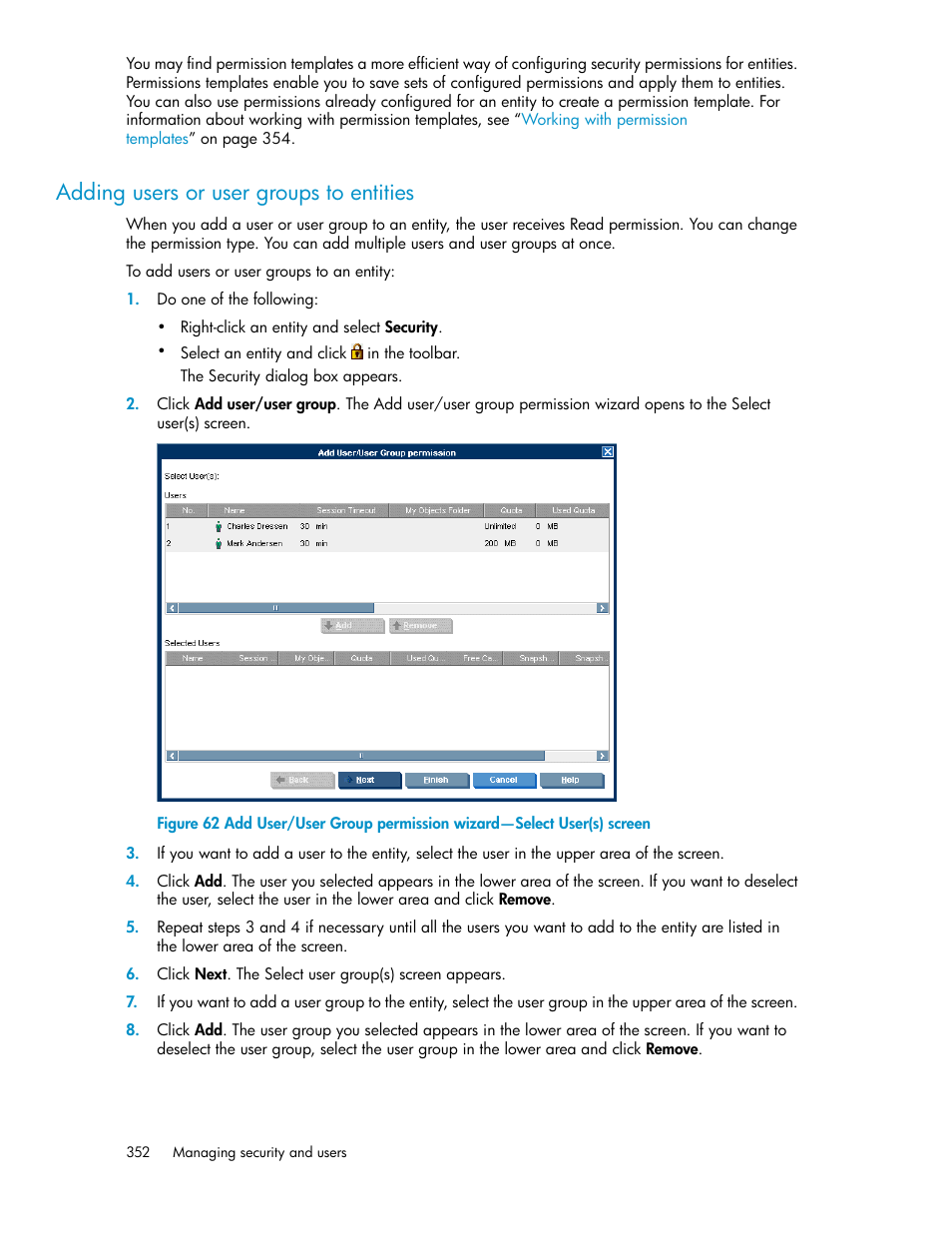 Adding users or user groups to entities | HP SAN Virtualization Services Platform User Manual | Page 352 / 400