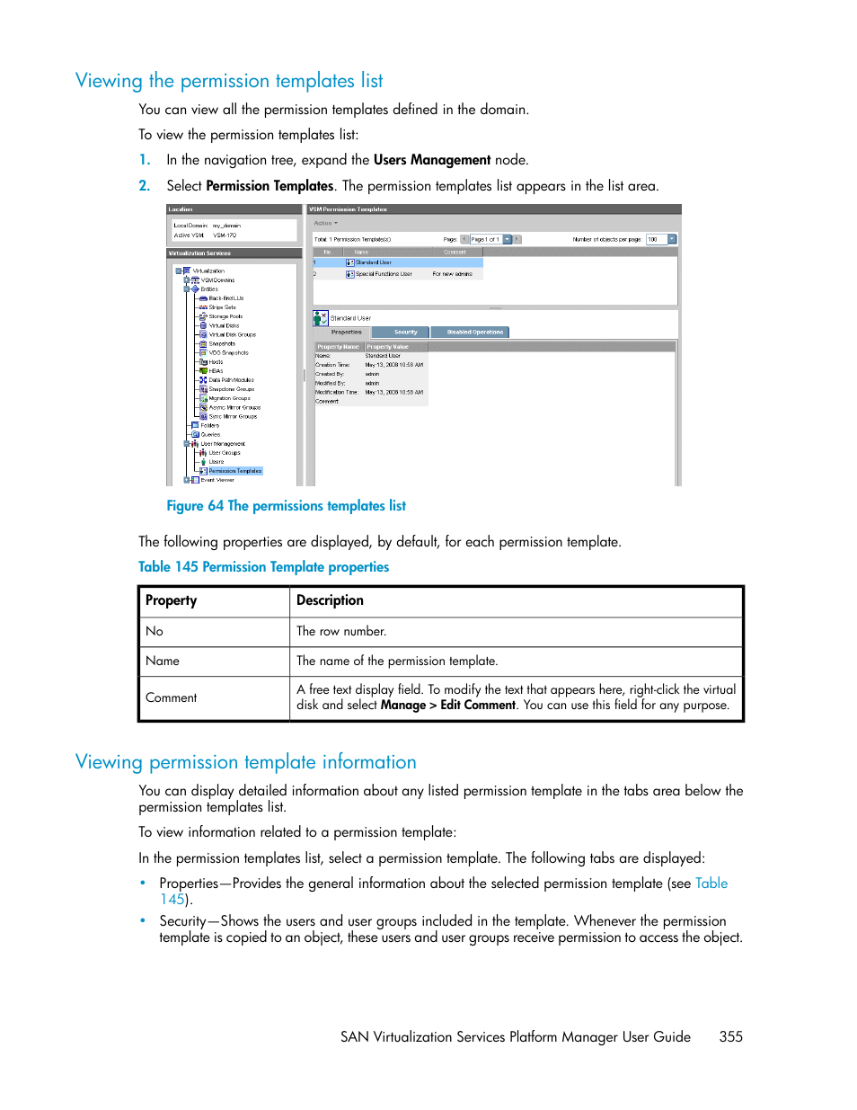 Viewing the permission templates list, Viewing permission template information, 355 viewing permission template information | The permissions templates list, Permission template properties | HP SAN Virtualization Services Platform User Manual | Page 355 / 400