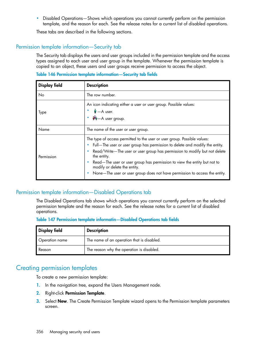 Permission template information—security tab, Creating permission templates | HP SAN Virtualization Services Platform User Manual | Page 356 / 400