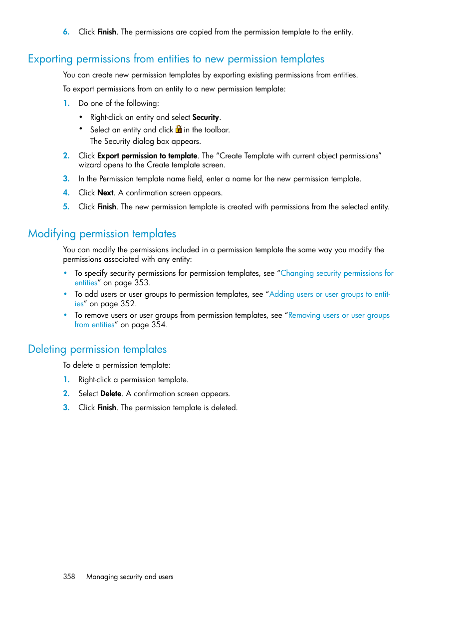 Modifying permission templates, Deleting permission templates, 358 modifying permission templates | 358 deleting permission templates | HP SAN Virtualization Services Platform User Manual | Page 358 / 400