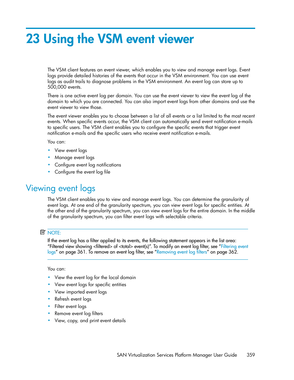 23 using the vsm event viewer, Viewing event logs | HP SAN Virtualization Services Platform User Manual | Page 359 / 400