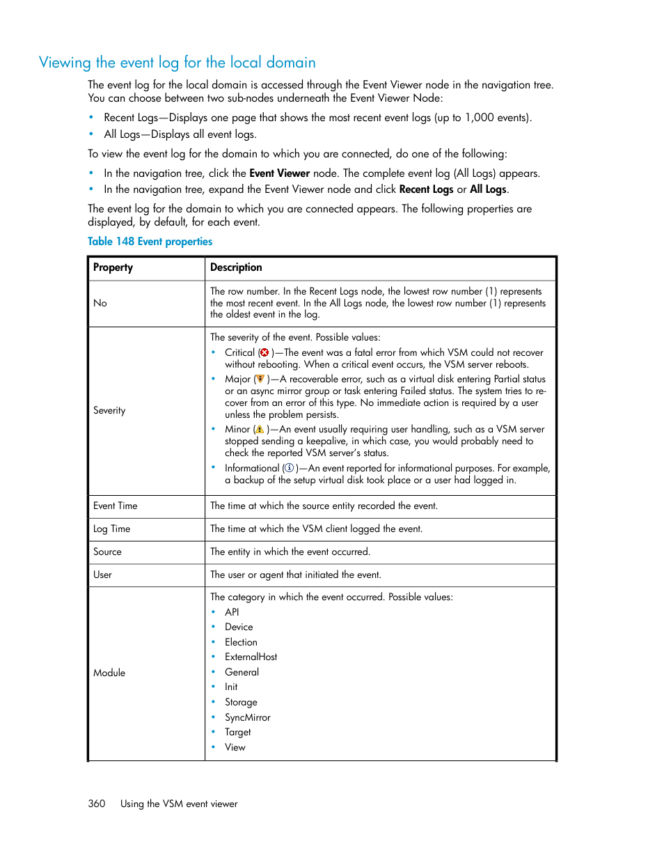 Viewing the event log for the local domain, Event properties | HP SAN Virtualization Services Platform User Manual | Page 360 / 400