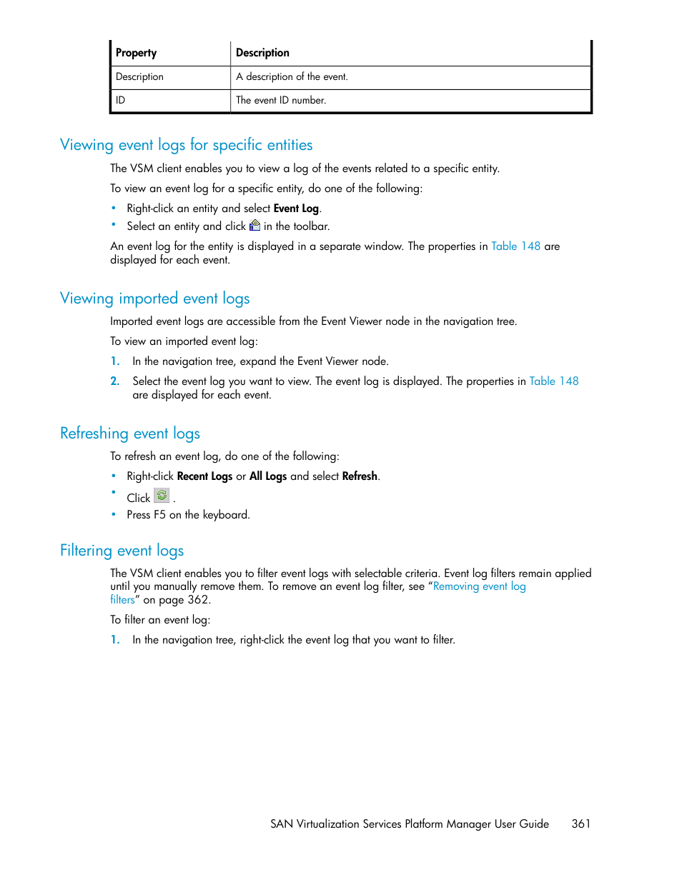 Viewing event logs for specific entities, Viewing imported event logs, Refreshing event logs | Filtering event logs, 361 viewing imported event logs, 361 refreshing event logs, 361 filtering event logs, Filtering event, Logs | HP SAN Virtualization Services Platform User Manual | Page 361 / 400
