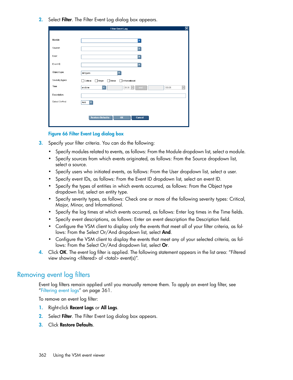 Removing event log filters, Filter event log dialog box, Removing event log | Filters | HP SAN Virtualization Services Platform User Manual | Page 362 / 400