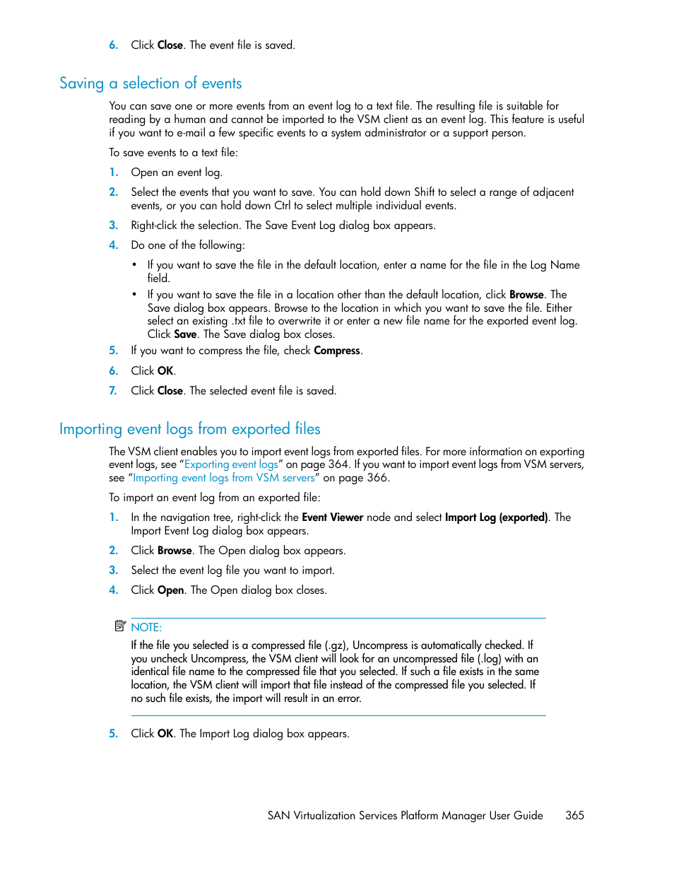 Saving a selection of events, Importing event logs from exported files, 365 importing event logs from exported files | HP SAN Virtualization Services Platform User Manual | Page 365 / 400
