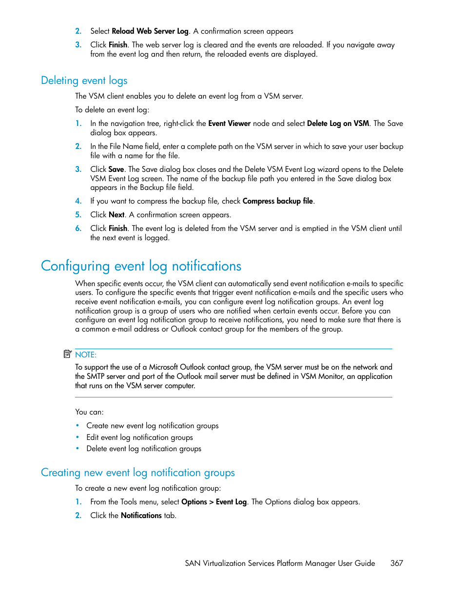 Deleting event logs, Configuring event log notifications, Creating new event log notification groups | Configuring event log, Notifications, Figuring event log notifications | HP SAN Virtualization Services Platform User Manual | Page 367 / 400