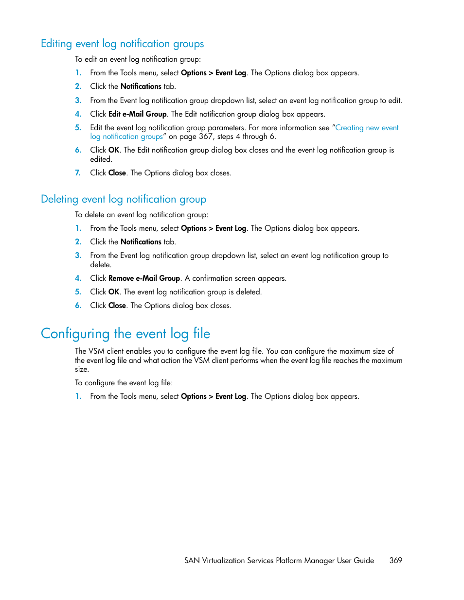 Editing event log notification groups, Deleting event log notification group, Configuring the event log file | 369 deleting event log notification group | HP SAN Virtualization Services Platform User Manual | Page 369 / 400