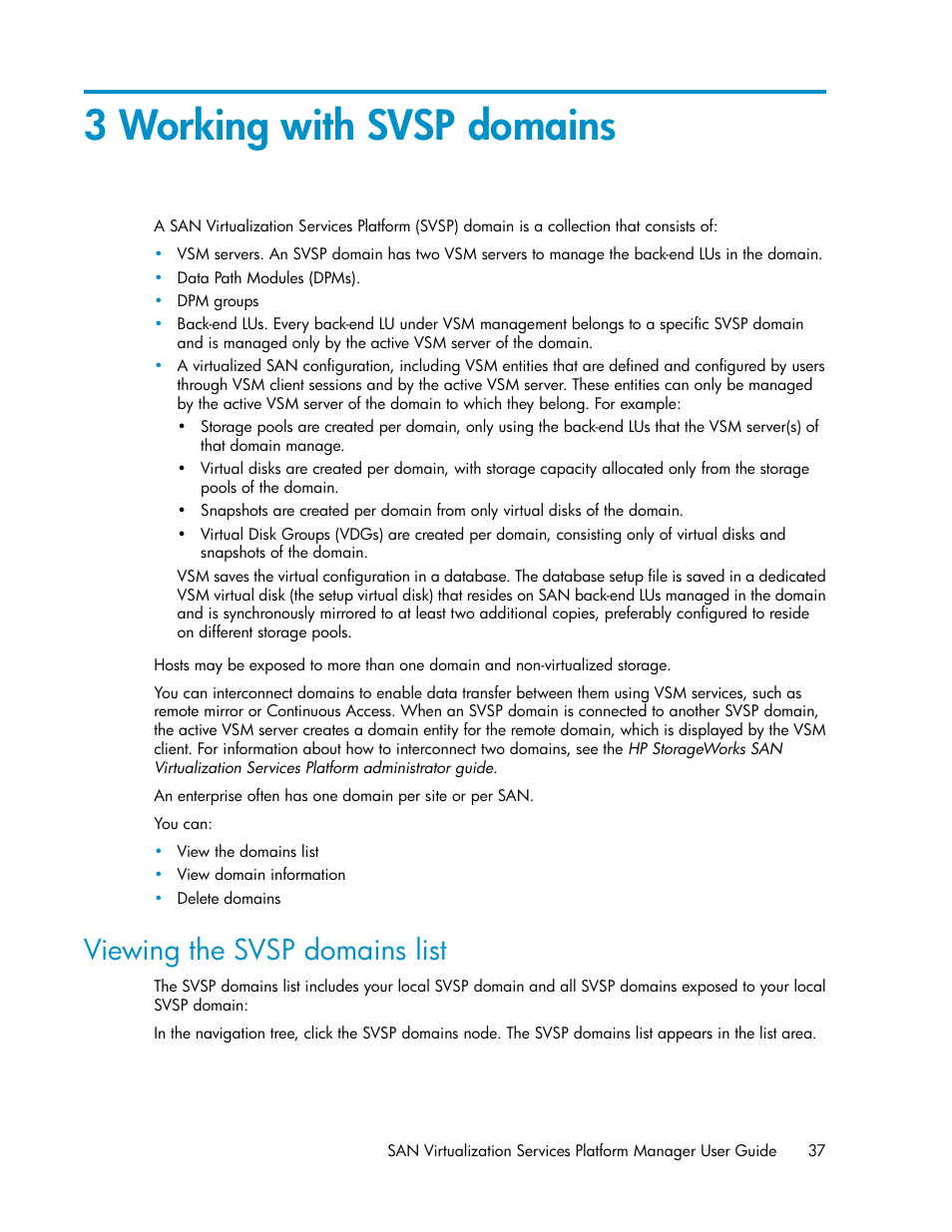 3 working with svsp domains, Viewing the svsp domains list | HP SAN Virtualization Services Platform User Manual | Page 37 / 400