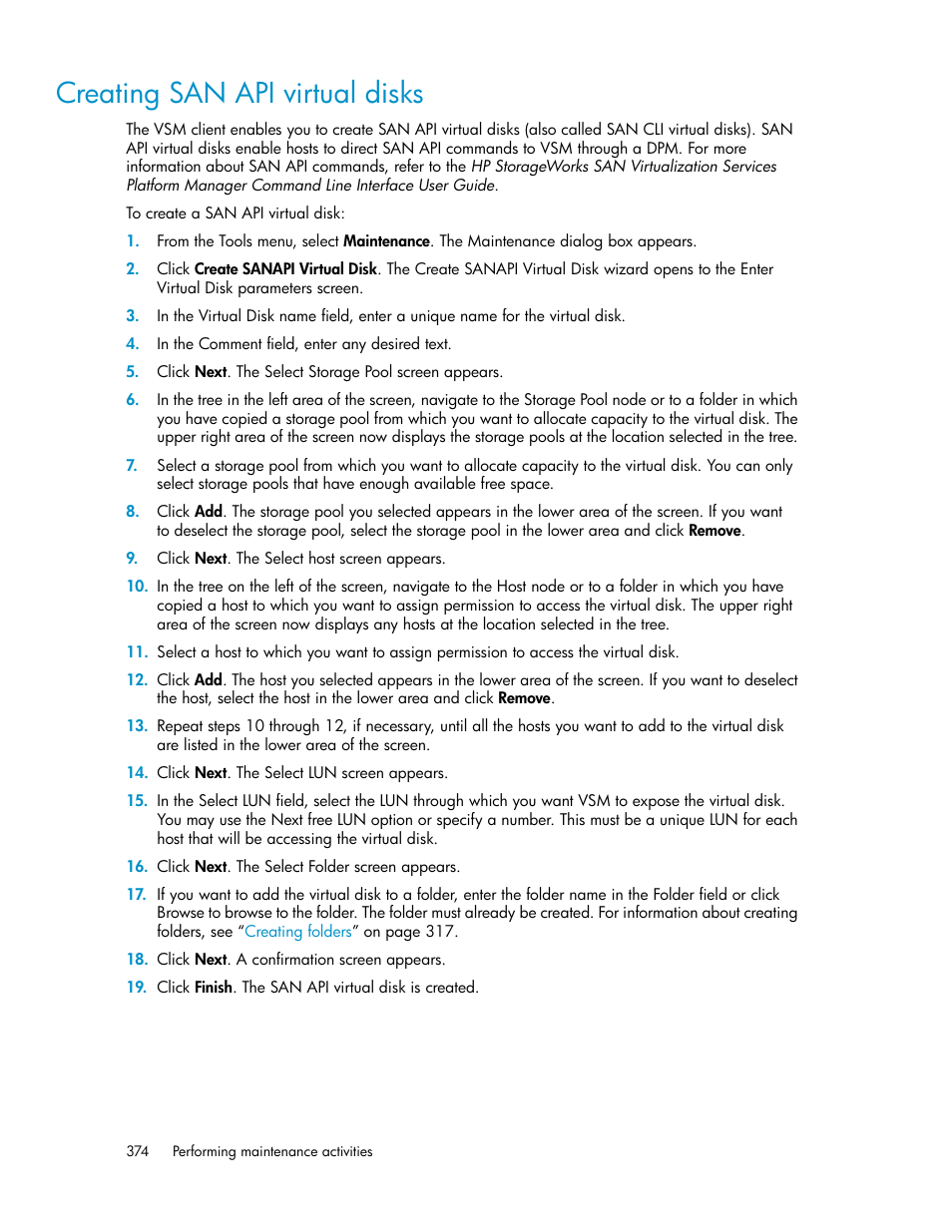 Creating san api virtual disks | HP SAN Virtualization Services Platform User Manual | Page 374 / 400