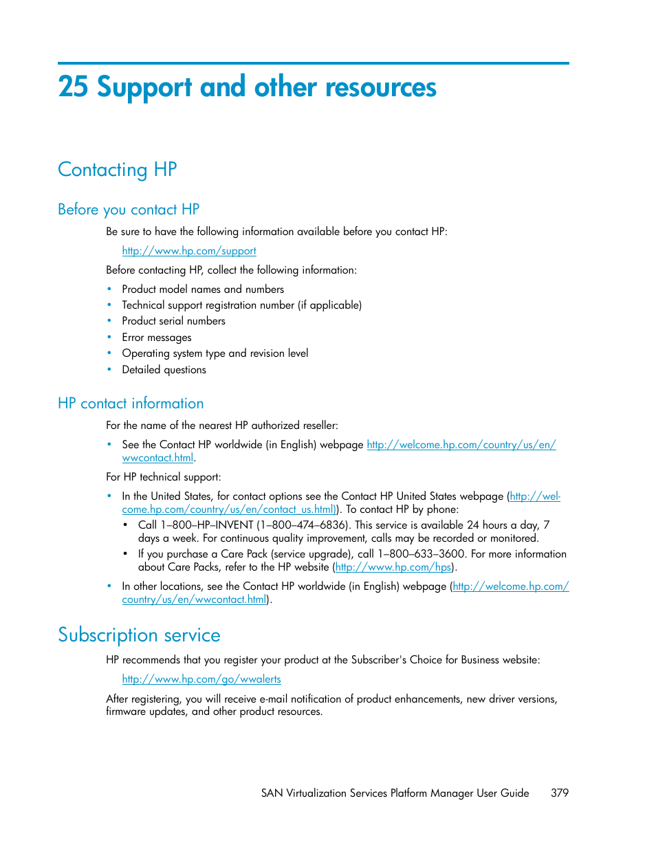 25 support and other resources, Contacting hp, Before you contact hp | Hp contact information, Subscription service, 379 hp contact information | HP SAN Virtualization Services Platform User Manual | Page 379 / 400