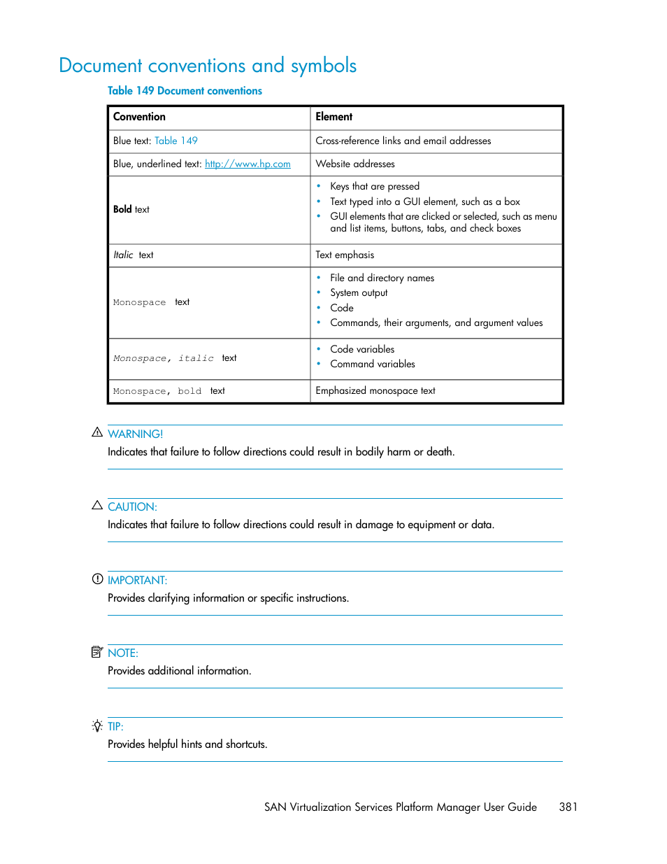 Document conventions and symbols, Document conventions | HP SAN Virtualization Services Platform User Manual | Page 381 / 400