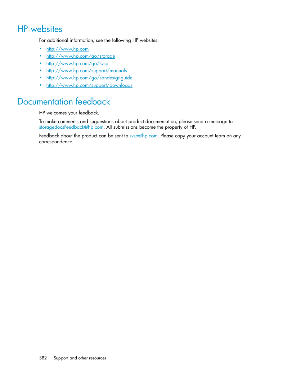 Hp websites, Documentation feedback, 382 documentation feedback | HP SAN Virtualization Services Platform User Manual | Page 382 / 400