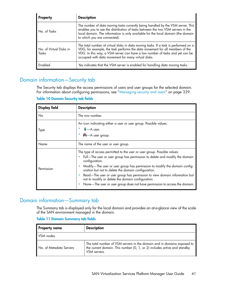 Domain information—security tab, Domain information—summary tab, 41 domain information—summary tab | Domain security tab fields, Domain summary tab fields | HP SAN Virtualization Services Platform User Manual | Page 41 / 400
