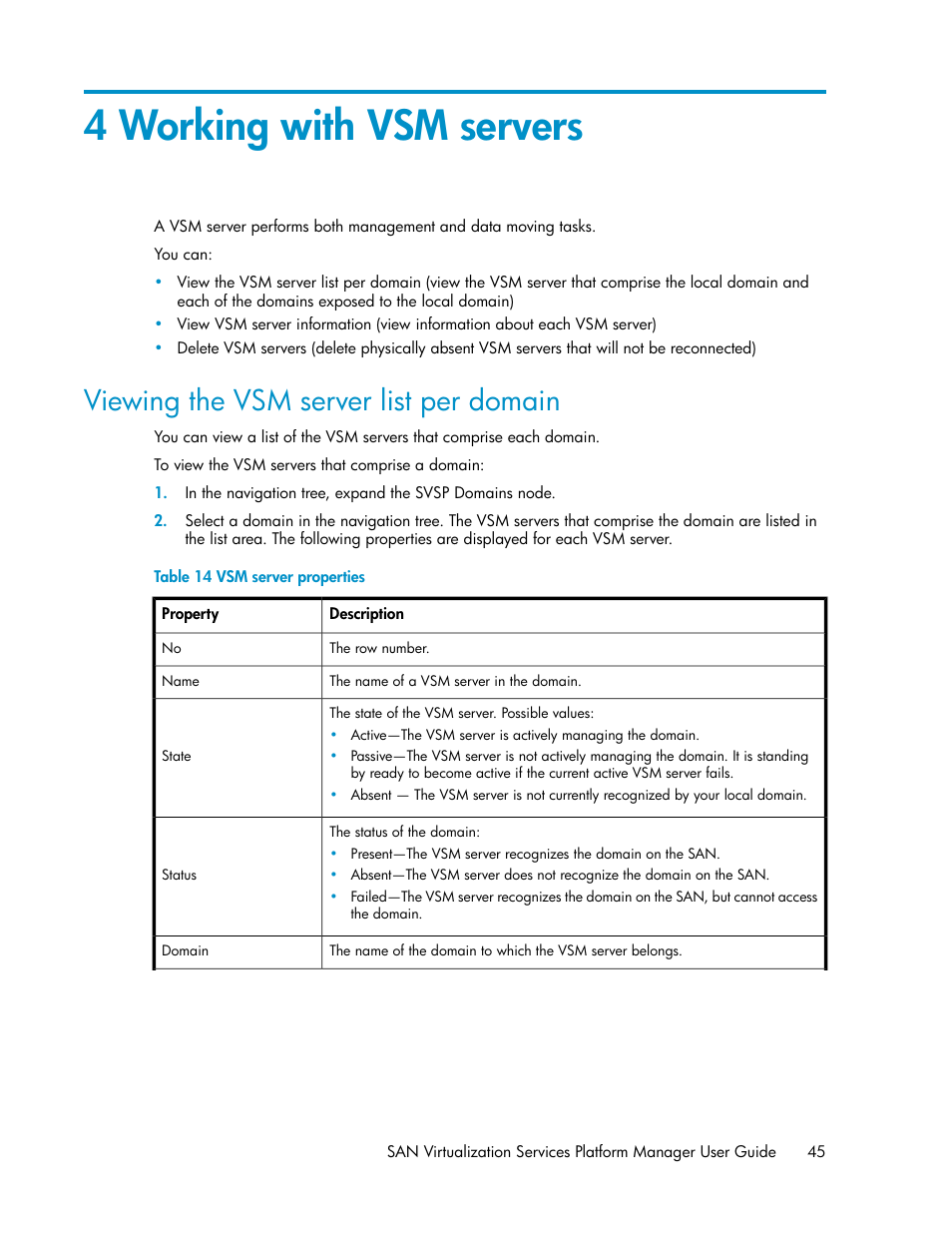 4 working with vsm servers, Viewing the vsm server list per domain, Vsm server properties | HP SAN Virtualization Services Platform User Manual | Page 45 / 400