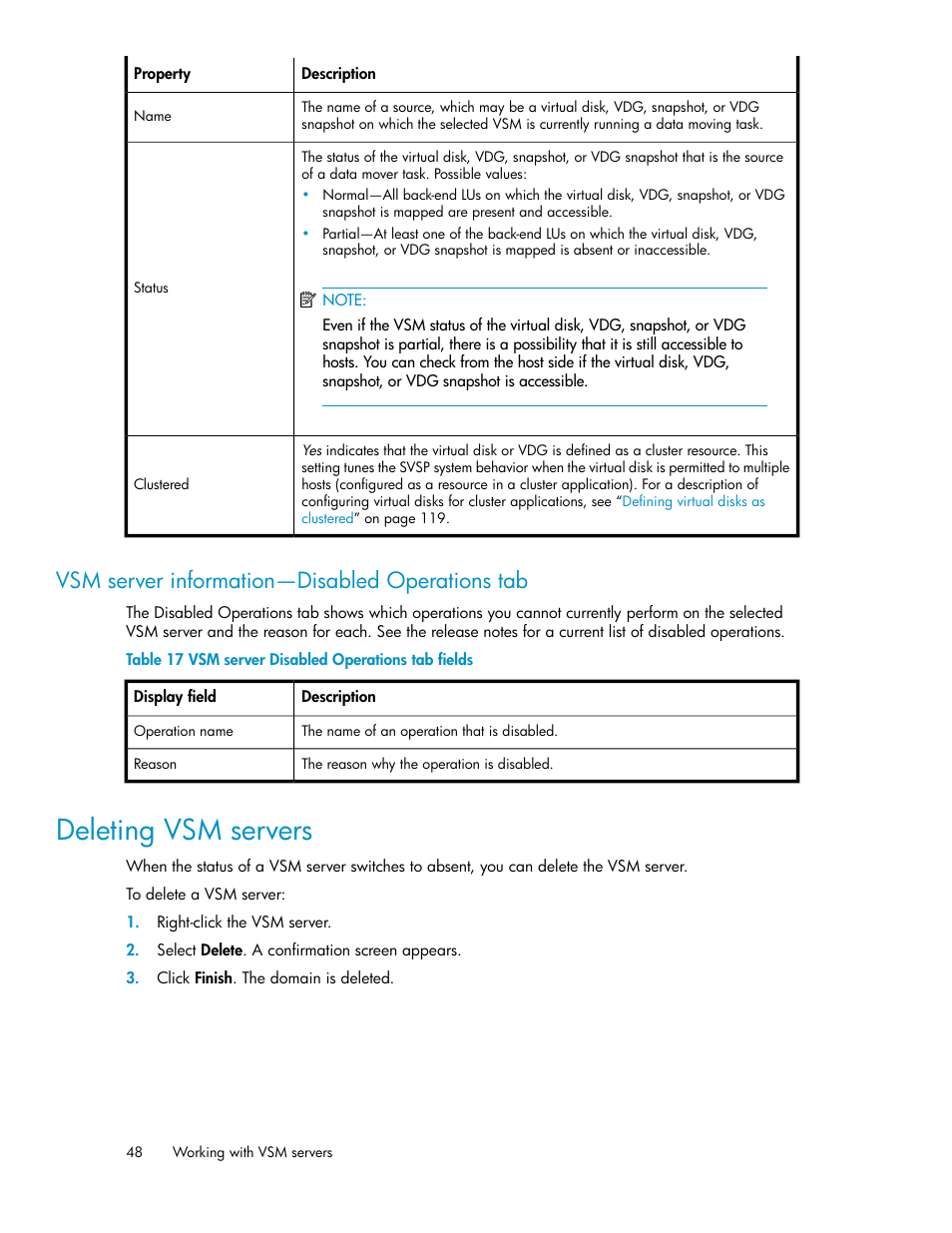 Vsm server information—disabled operations tab, Deleting vsm servers, Vsm server disabled operations tab fields | HP SAN Virtualization Services Platform User Manual | Page 48 / 400