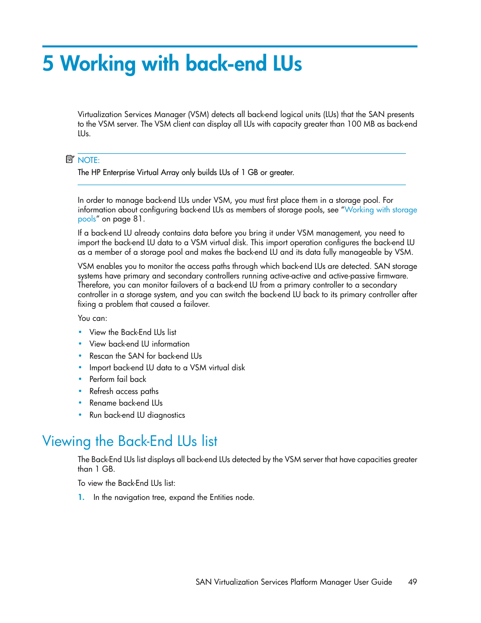 5 working with back-end lus, Viewing the back-end lus list | HP SAN Virtualization Services Platform User Manual | Page 49 / 400