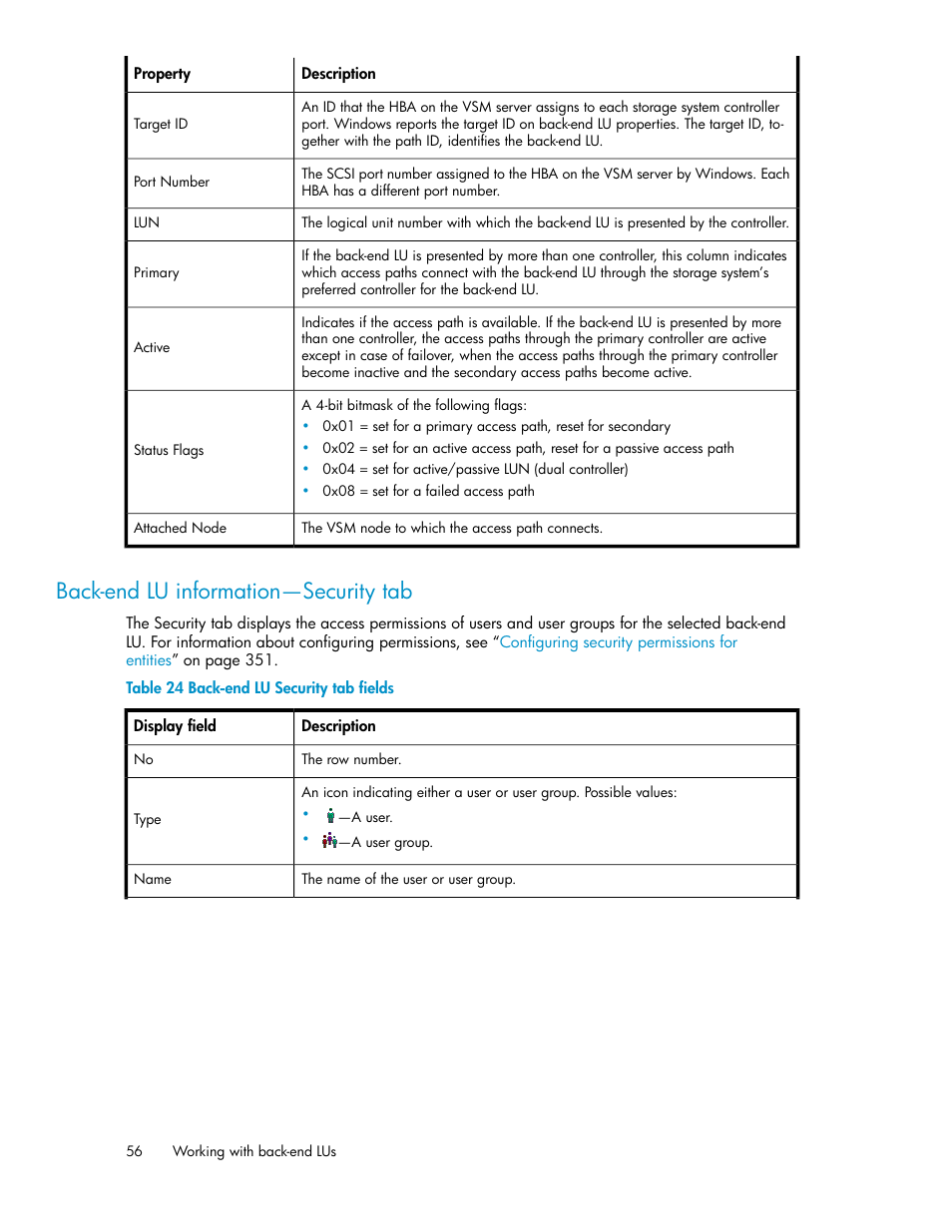 Back-end lu information—security tab, Back-end lu security tab fields | HP SAN Virtualization Services Platform User Manual | Page 56 / 400