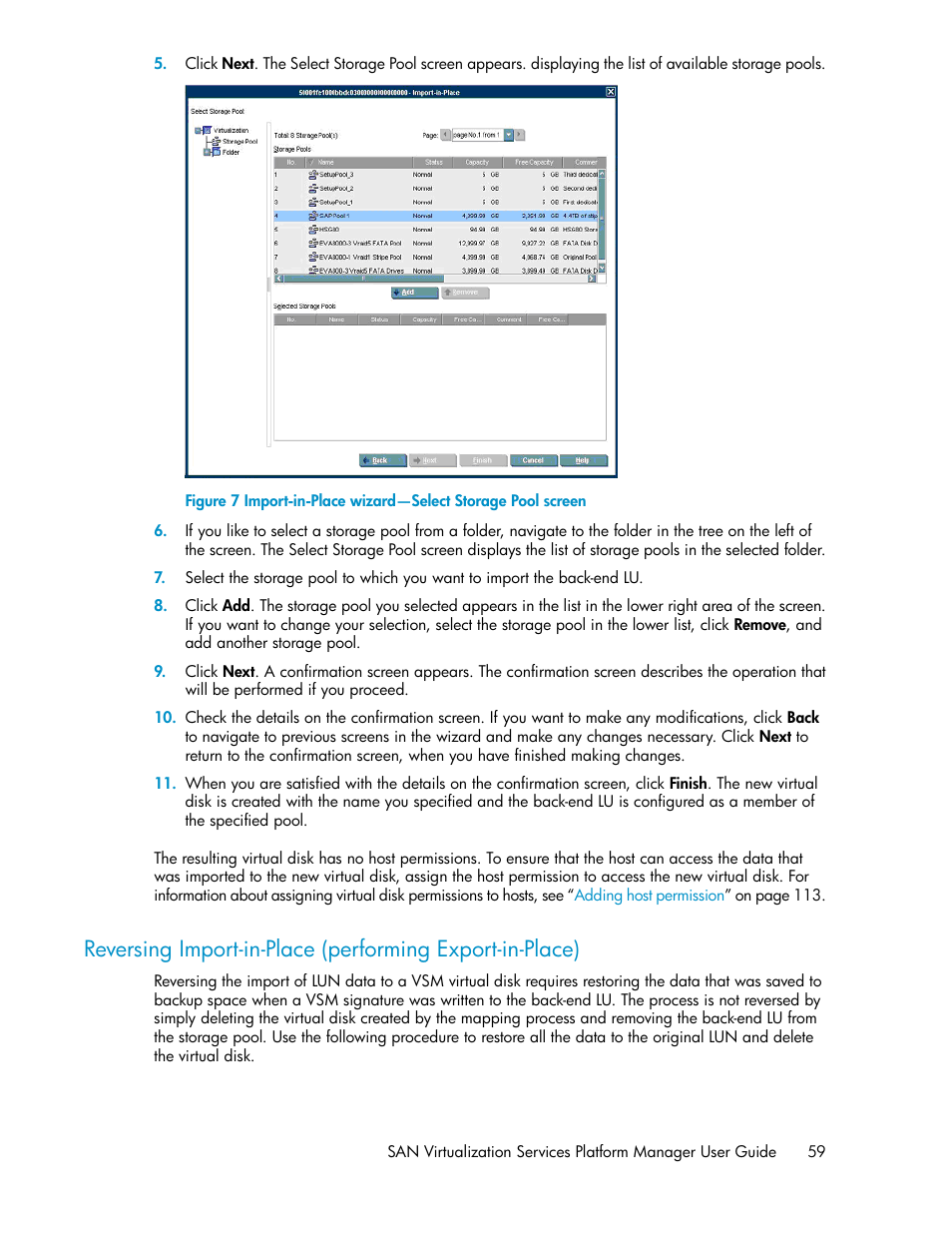 Import-in-place wizard—select storage pool screen, Reversing import-in-place (performing, Export-in-place) | HP SAN Virtualization Services Platform User Manual | Page 59 / 400