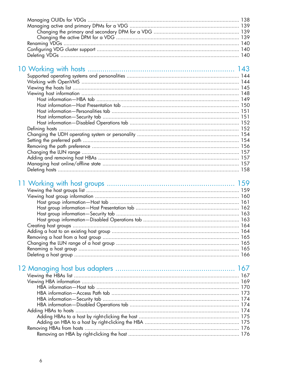 10 working with hosts, 11 working with host groups, 12 managing host bus adapters | HP SAN Virtualization Services Platform User Manual | Page 6 / 400