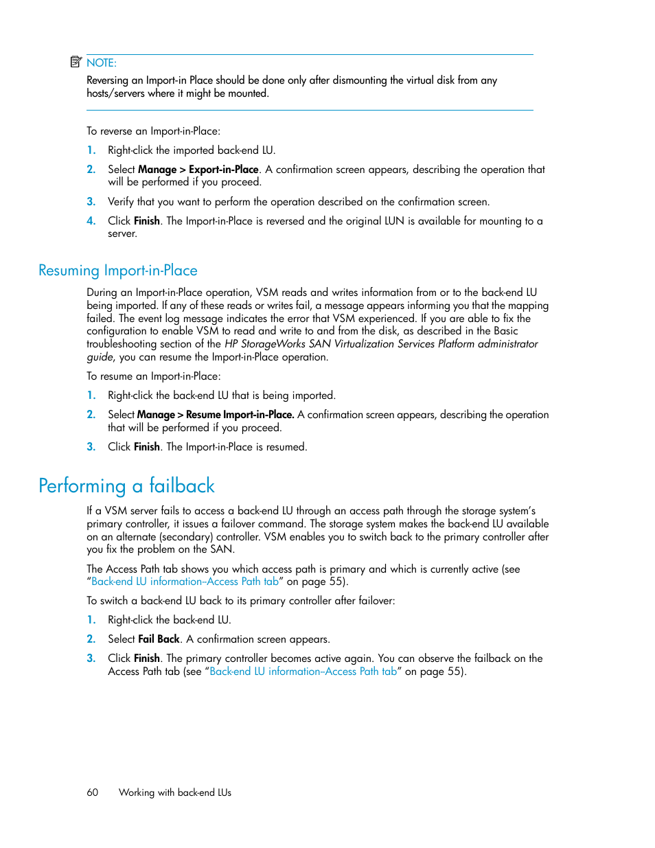 Resuming import-in-place, Performing a failback | HP SAN Virtualization Services Platform User Manual | Page 60 / 400