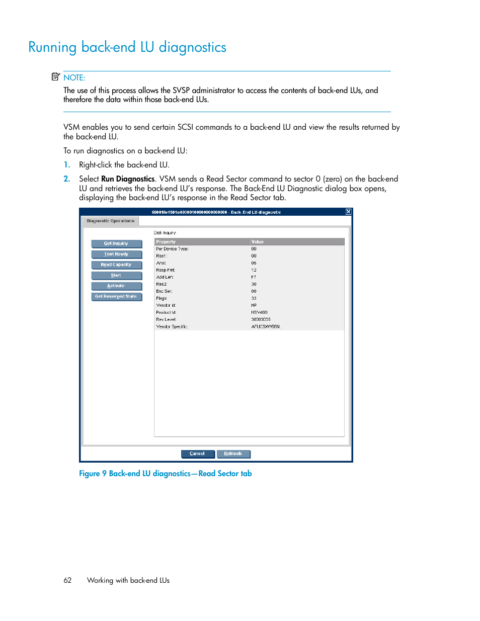 Running back-end lu diagnostics, Back-end lu diagnostics—read sector tab | HP SAN Virtualization Services Platform User Manual | Page 62 / 400