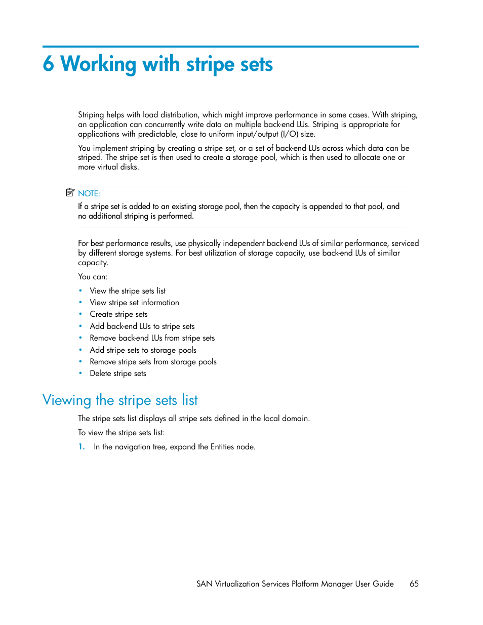 6 working with stripe sets, Viewing the stripe sets list | HP SAN Virtualization Services Platform User Manual | Page 65 / 400